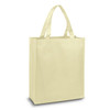 A light yellow tote bag with two handles and a simple design. It features a logo on one side.
