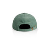 A green corduroy cap with a curved brim and an adjustable strap at the back, featuring a logo.