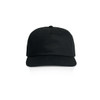A black five-panel cap with a structured design and a front logo.