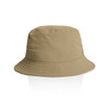 A beige nylon bucket hat with a wide brim and textured surface, featuring a logo.