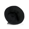 A black bucket hat featuring a wide brim and a smooth inner lining. The hat has a logo.