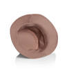 A tan bucket hat with a wide brim and inner lining, featuring a logo on the inner band.
