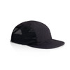 A black cap with mesh sides and a curved brim, featuring a logo on the front.