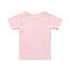 A pink infant t-shirt with a simple design and short sleeves, featuring a branding logo.