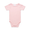 A pink organic infant one-piece with short sleeves and snap closures at the shoulder and bottom.