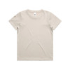 A beige kids' T-shirt featuring a classic crew neck and short sleeves, with a small logo at the neckline.