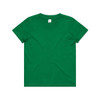 A green children's t-shirt featuring a round neckline and short sleeves. It has a label inside and a small logo on it.