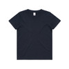 A navy blue kids' T-shirt with a round neckline and short sleeves, featuring a logo.
