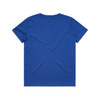 A blue youth staple tee with a plain back and short sleeves, featuring a logo.