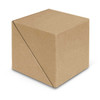 A brown kraft paper cube with a triangular design, featuring a minimalist look, and includes a logo.