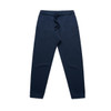 Navy track pants with an elasticated waistband and pockets, featuring branding.