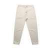 Cream track pants featuring an elastic waistband and side pockets. The pants have a simple design with a logo detail.