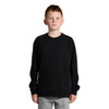A black crew sweatshirt for youth, featuring a simple design and long sleeves, with a logo on the front.