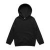 A black hoodie featuring a front pocket and a hood, designed for kids. Includes a logo.