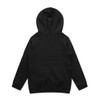 A black hoodie with a spacious hood and long sleeves, featuring a simple design and no visible logo.