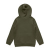 A green hoodie with a back view, featuring a hood and long sleeves. It has a smooth, plain surface and a logo.