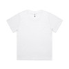 A white t-shirt with short sleeves, featuring a branded label on the neckline.