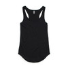 A black racerback tank top featuring a curved hem and logo branding.