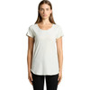 A light grey T-shirt with a scoop neckline and short sleeves, featuring a logo. The model stands facing the camera.