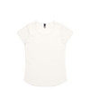 A white t-shirt with a scoop neckline and short sleeves, featuring a branding label.