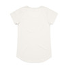 A plain white t-shirt with a rounded hem and short sleeves, featuring a logo on the back.