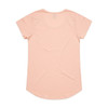 A light peach T-shirt with a rounded hem and a smooth finish. It has a label at the neck and a logo.