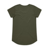 An olive green T-shirt with short sleeves and a rounded hem, featuring a logo on the back.