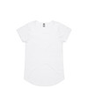 A white T-shirt with a rounded neckline and short sleeves, featuring a simple design and a tag.