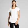 A white T-shirt with short sleeves and a rounded neckline, featuring a logo on the front.