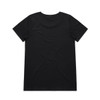 A plain black T-shirt with a classic crew neckline and short sleeves, featuring a logo on the back.