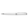 A metal pen in a sleek white finish with silver accents, featuring a smooth barrel and a clip for easy attachment.