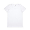 A white women's T-shirt with a round neckline and short sleeves. It features a small logo at the neck.