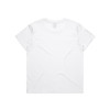 A white T-shirt featuring a plain design, with a logo on the back and short sleeves.