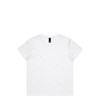 A plain white t-shirt with a round neckline and short sleeves, featuring a logo on the label.
