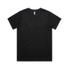A black T-shirt with a classic fit, featuring a round neckline and short sleeves. It has a logo on the label.