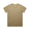 A plain khaki T-shirt featuring a crew neck and short sleeves, with a logo on the label.