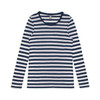 A long-sleeve tee featuring navy and white horizontal stripes. It has a crew neck and includes a branding logo.