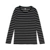 A black and white striped long sleeve T-shirt with a round neckline and a logo.