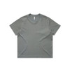 A grey boxy tee with a round neckline and short sleeves. The product has a branding logo.