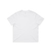A plain white t-shirt with a relaxed fit, featuring a logo on the label.