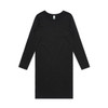 A long-sleeved dress in black, featuring a simple, straight design and a label at the neckline.