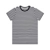 A black and white striped T-shirt featuring a crew neck and short sleeves, with a label inside.