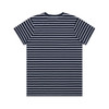 A navy and white striped T-shirt featuring a back view. Includes a branding logo.