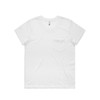 A white t-shirt featuring a pocket on the left side and a simple design. It includes a branding logo.
