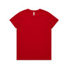 A red T-shirt with a simple design, featuring a logo on the label.