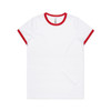 A white T-shirt featuring a red ringer collar and sleeves, with a logo on the tag inside.