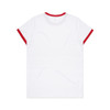 A white t-shirt with red trim around the neckline and sleeves. Features a logo on the back.