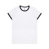 A white T-shirt with black trim around the neckline and sleeves, featuring a logo.