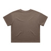 A khaki t-shirt featuring a simple design with a circular neckline and short sleeves. It has a logo on it.