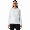 A white long-sleeve t-shirt with a round neckline and fitted sleeves. It features a logo on the front.